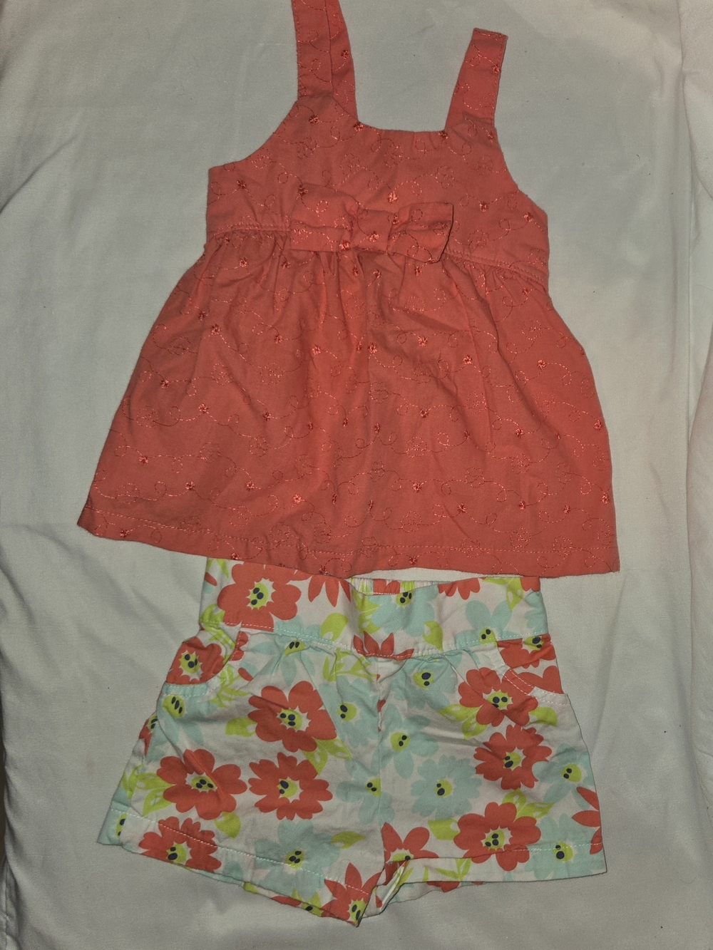 Penny M. Coral Eyelet Tank Top with Floral Shorts Set for Kids SZ 2T